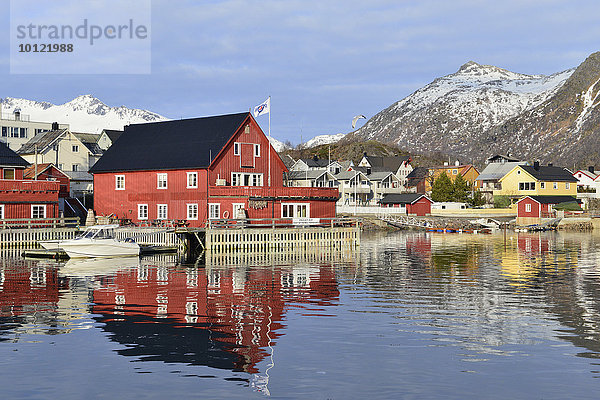 Häuser am Hafen mit Bergpanorama  Svolvær  Insel Austvågøy  Lofoten  Nordland  Norwegen  Europa