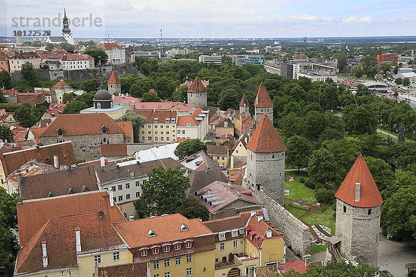 Unterstadt mit Stadtmauer und Oberstadt mit Dom  Ausblick vom Turm der Olaikirche  Oleviste Kirik  Tallinn  Estland  Europa