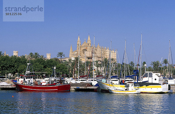 Boote im Hafen vor der Kathedrale  Palma de Mallorca  Mallorca  Balearen  Spanien  Europa