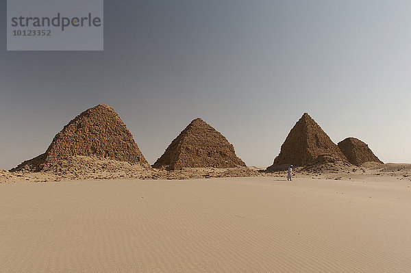 Schwarze Pyramiden mit einem Grabwächter  Pyramiden von Meroë  nubische Wüste  Nubien  Nahr an-Nil  Sudan  Afrika
