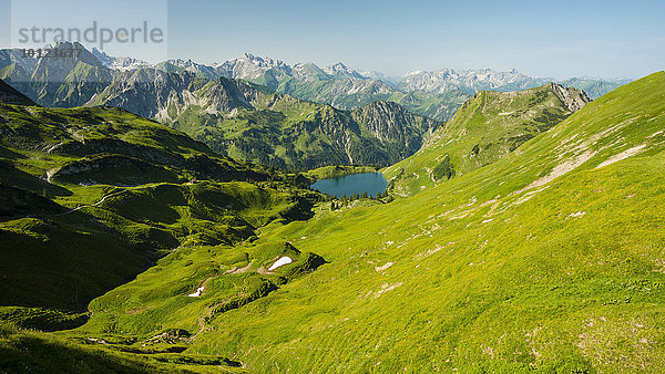 Ausblick vom Zeigersattel zum Seealpsee  hinten links die Höfats 2259m  Allgäuer Alpen  Allgäu  Bayern  Deutschland  Europa