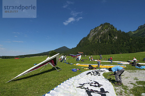 Landewiese für Gleitschirm- und Drachenflieger am Fuß des Tegelberges  Füssen  Allgäu  Bayern  Deutschland  Europa