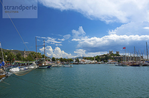 Yachthafen mit Gulet Booten und das Kastell St. Peter in Bodrum  türkische Ägäis  Türkei  Asien