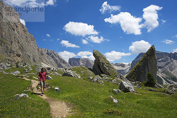 Wanderin auf der Malga Alm unterhalb der Geislerspitzen  Seceda  Grödnertal  Dolomiten  Provinz Südtirol  Trentino-Südtirol  Italien  Europa