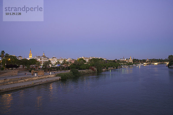 Ausblick über den Guadalquivir auf die Stierkampfarena und die Kathedrale  Sevilla  Andalusien  Spanien  Europa