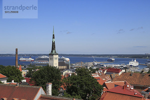 Olaikirche Oleviste Kirik und Passagierhafen an der Ostsee  gesehen vom Turm des Doms Toomkirik  Tallinn  Estland  Europa