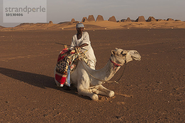Einheimischer mit Dromedar im Sand  hinten Pyramiden von Meroë  nubische Wüste  Nubien  Nahr an-Nil  Sudan  Afrika