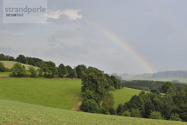 Regenbogen über einer Landschaft der Sächsischen Schweiz bei Sebnitz  Elbsandsteingebirge  Sachsen  Deutschland  Europa