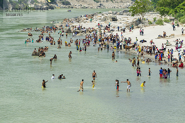 Pilger nehmen ein Bad am Ufer des heiligen Flusses Ganges  Rishikesh  Uttarakhand  Indien  Asien