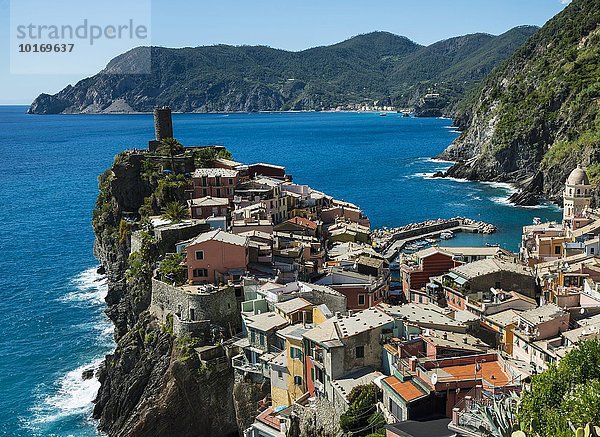 Bunte Häuser an Steilküste  Ausblick auf Vernazza  La Spezia  Cinque Terre  Ligurien