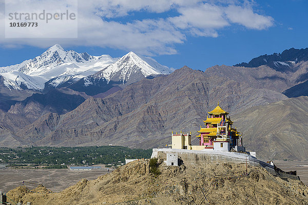 Das Kloster Samdok Palgeri Gompa auf einem Hügel hoch über Choglomsar  Indus-Tal mit schneebedeckten Bergen hinten  Leh  Jammu und Kaschmir  Indien  Asien