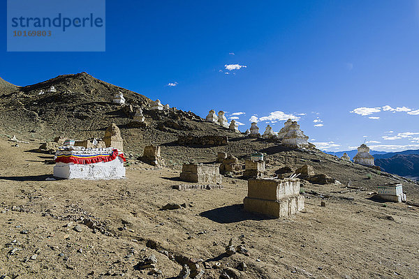 Buddhistischer Friedhof mit Gräbern und Chörten über der Altstadt  Leh  Jammu und Kaschmir  Indien  Asien