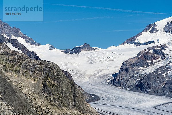 Jungfraujoch im Sommer  Südseite  und grosser Aletschgletscher  Ausblick von Eggishorn Bergstation  Wallis  Schweiz  Europa