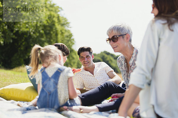 Mehrgenerationen-Familie entspannt auf einer Decke im sonnigen Feld