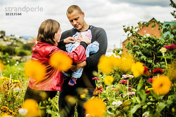 nahe Europäer Blume Menschliche Eltern halten Baby