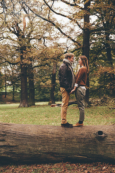 Verliebtes junges Paar hält sich an einem Baumstamm in einem herbstlichen Park fest