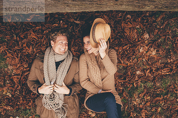 Junges Paar auf Herbstblättern in einem Park nebeneinander liegend
