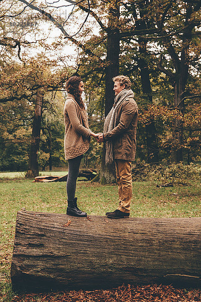 Verliebtes junges Paar hält sich an einem Baumstamm in einem herbstlichen Park fest
