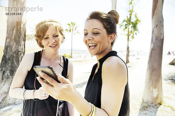 Spanien  Mallorca  Alcudia  zwei Frauen beim Blick auf das Smartphone
