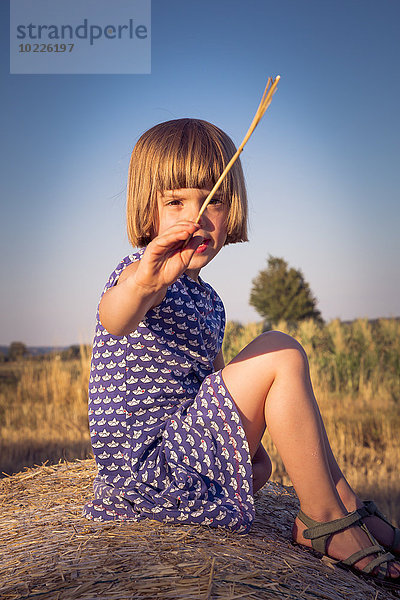 Porträt des kleinen Mädchens auf Strohballen sitzend