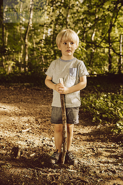Kleiner Junge im Wald stehend mit einem Ast