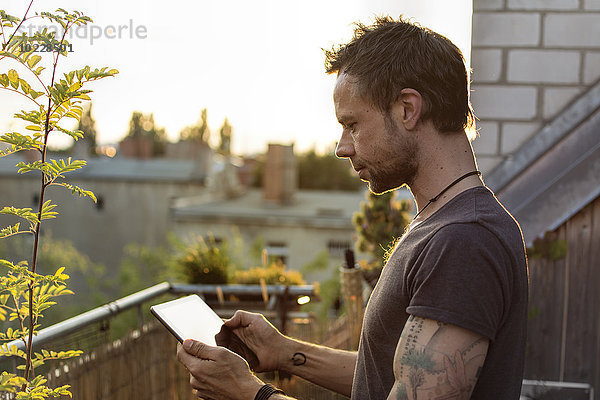 Deutschland  Berlin  Erwachsener Mann auf der Dachterrasse mit digitalem Tablett