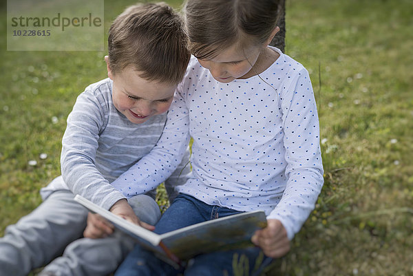 Mädchen und ihr kleiner Bruder sitzen auf einer Wiese mit Bilderbuch