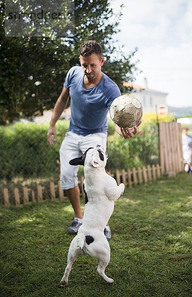 Mann mit einem Ball  der mit einer französischen Bulldogge spielt.