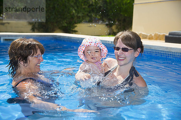 Spanien  Mallorca  kleines Mädchen mit Mutter und Oma im Pool