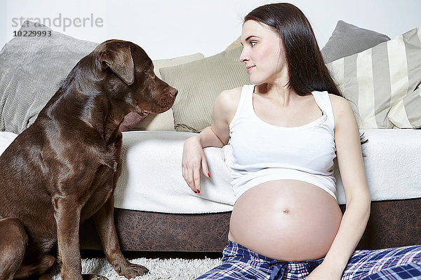 Schwangere Frau sitzt auf dem Boden ihres Wohnzimmers neben ihrem Labrador Retriever.