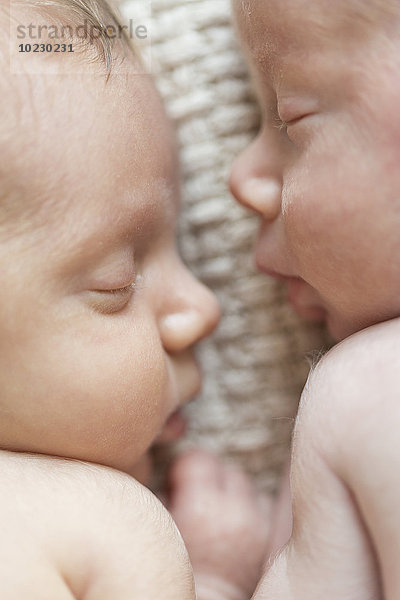 Neugeborene Zwillinge schlafen auf Decke  Nahaufnahme