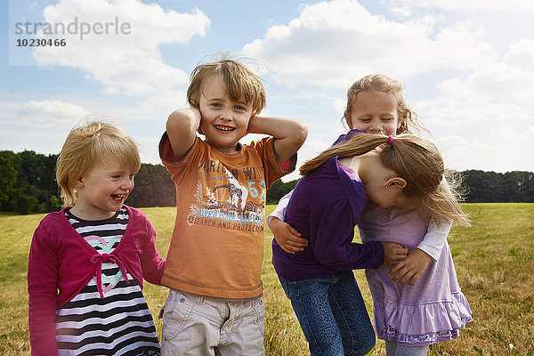 Vier kleine Kinder spielen auf einer Wiese