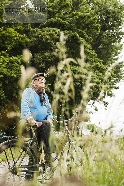 Glücklicher älterer Mann mit Fahrrad