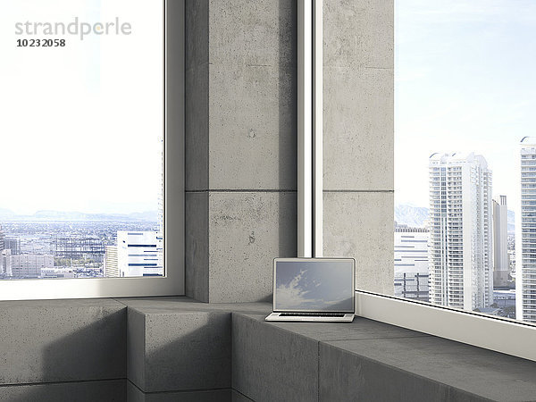Laptop auf Fensterbank in einem modernen Hochhaus  3D Rendering