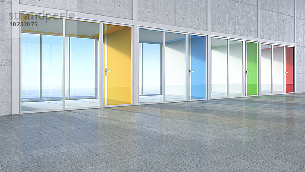 3D Rendring  moderne Architektur  Büros  bunte Glastüren  Innenhof