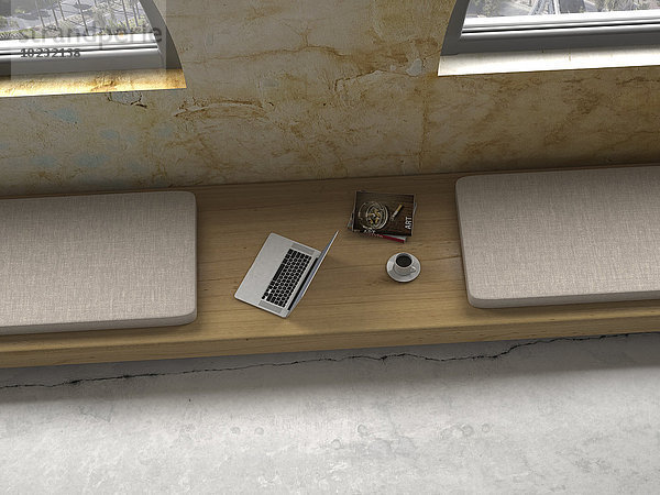 Laptop  Zeitschriften und Tasse Kaffee auf Holzbank unter einem Fenster  3D Rendering