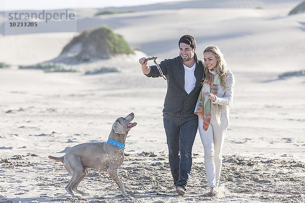 Südafrika  Kapstadt  junges Paar spielt am Strand mit Hund