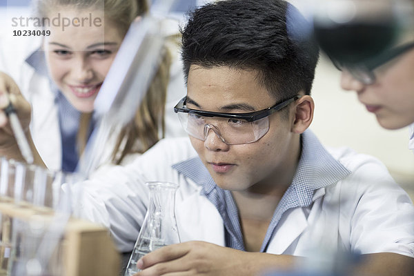 Studenten der Chemieklasse pipettieren Flüssigkeit in das Reagenzglas