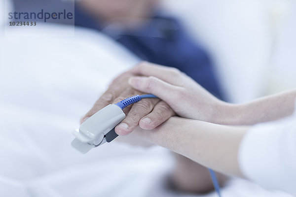 Finger-Herzmonitor am Patienten  Krankenschwester hält Hände