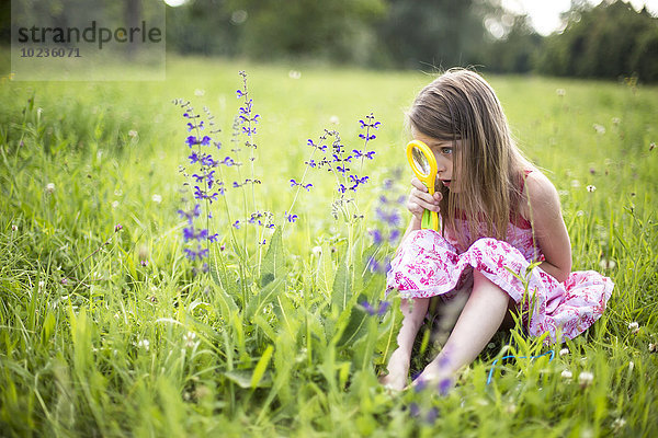 Kleines Mädchen sitzt auf einer Wiese und beobachtet Blumen mit Lupe.
