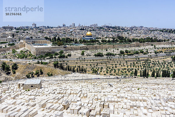 Israel  Jerusalem  Blick vom Ölberg über den jüdischen Friedhof zum Felsendom