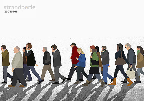 Illustration von Menschen  die auf der Straße gegen den klaren Himmel gehen.