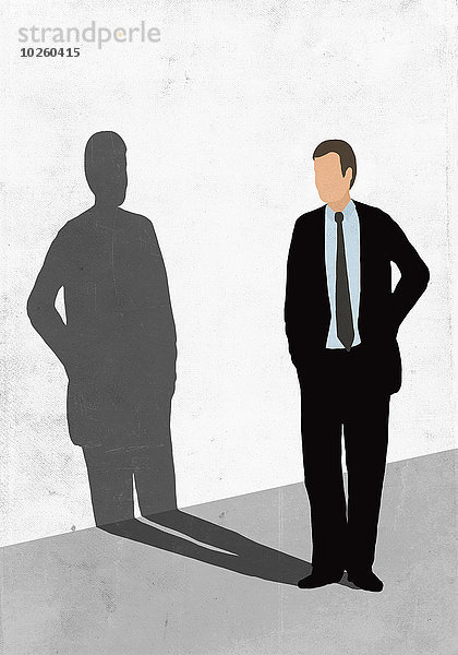 Illustration eines Geschäftsmannes  der seinen Schatten auf der weißen Wand betrachtet.