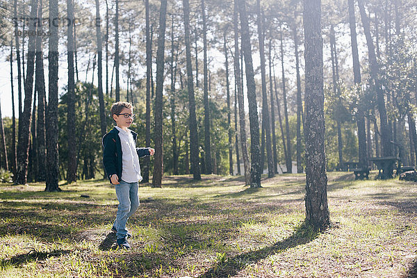 Volle Länge des Jungen beim Waldspaziergang