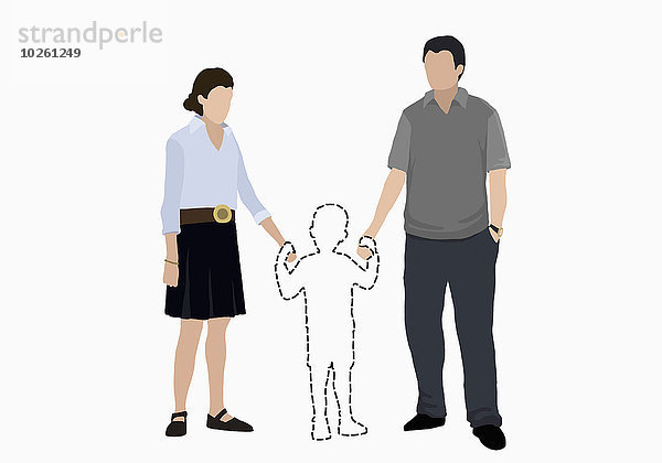 Illustratives Bild von Eltern  die Hände des vermissten Sohnes auf weißem Hintergrund halten.