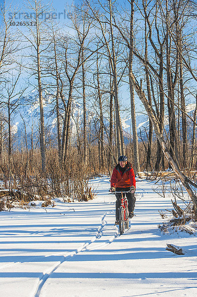 Berg Winter Mann radfahren Spiel Hintergrund Bach Kaninchen Flucht gefroren Heuhaufen