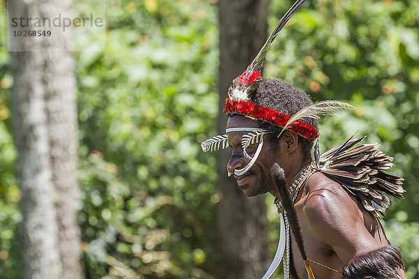 Mann Kopfschmuck Vogel Kleidung Mittelpunkt Komplexität Kasuar Guinea Indonesien Paradies