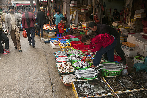 Meeresfrüchtegeschäfte und Menschen auf dem Bashi-Markt; Xiamen  Provinz Fujian  China
