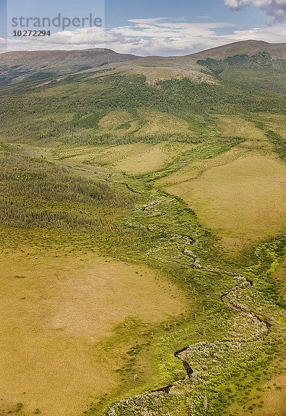 Luftaufnahme der Baird Mountains  eines sich schlängelnden Flusses und tundrabedeckter Hügel  Shungnak  arktisches Alaska  Sommer