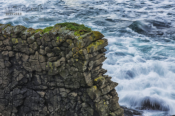 Ein alter horizontaler Lavastrom bildet eine Wand aus sechseckigen Felsen entlang der Küste von Strandir in den Westfjorden im Nordwesten Islands; Island'.